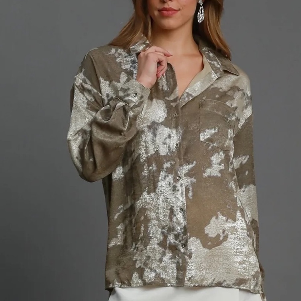 UmGee Brown Silver Tie-Dye Button-Up Long sleeves Tunic Swing Top Size S